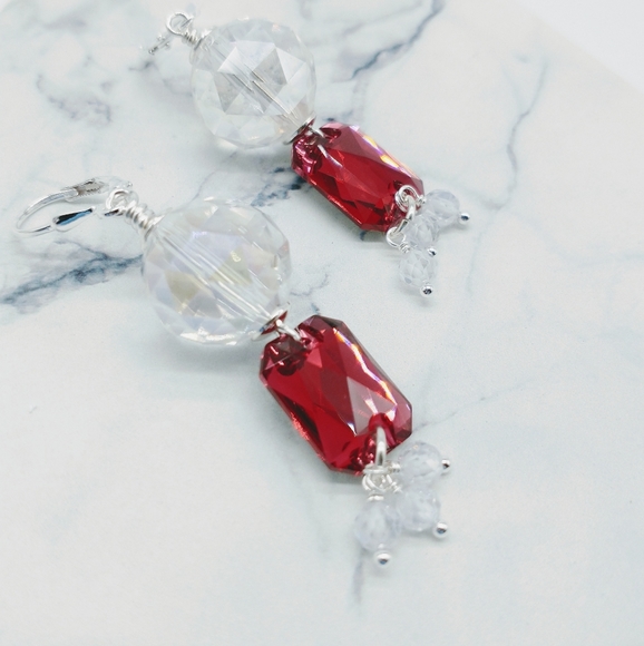 Scarlet Red Swarovski Crystal Ball Drop Earrings - Picture 4 of 7